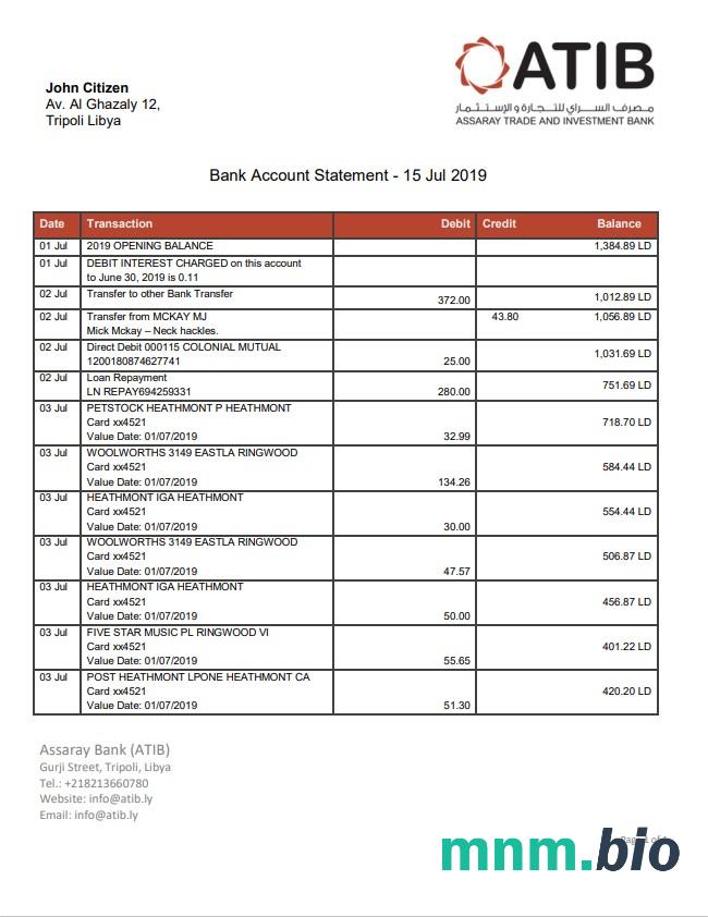 Libya Assaray Bank (ATIB) oświadczenie łatwe do wypełnienia szablon w formacie Excel i PDF